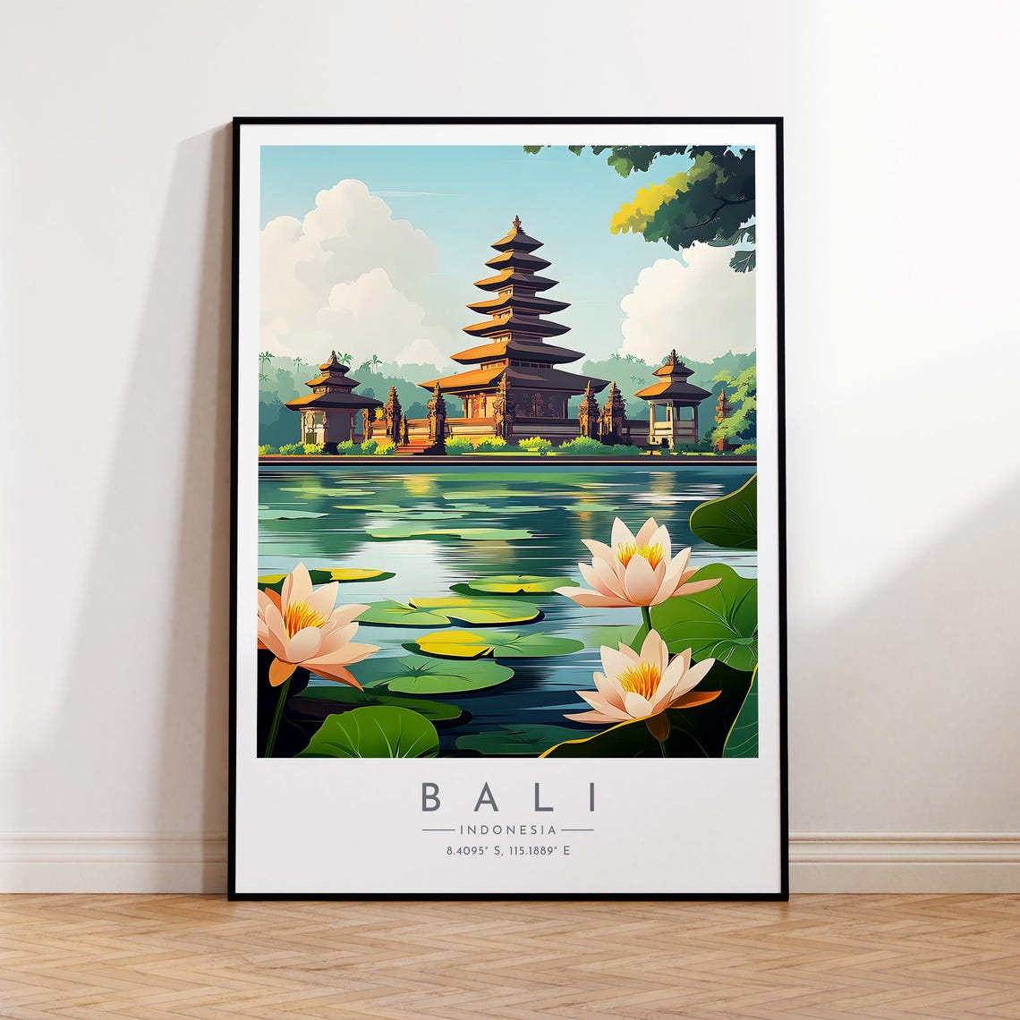 Bali Indonesia Temple Lake Lotus Flower Serene Garden View Poster