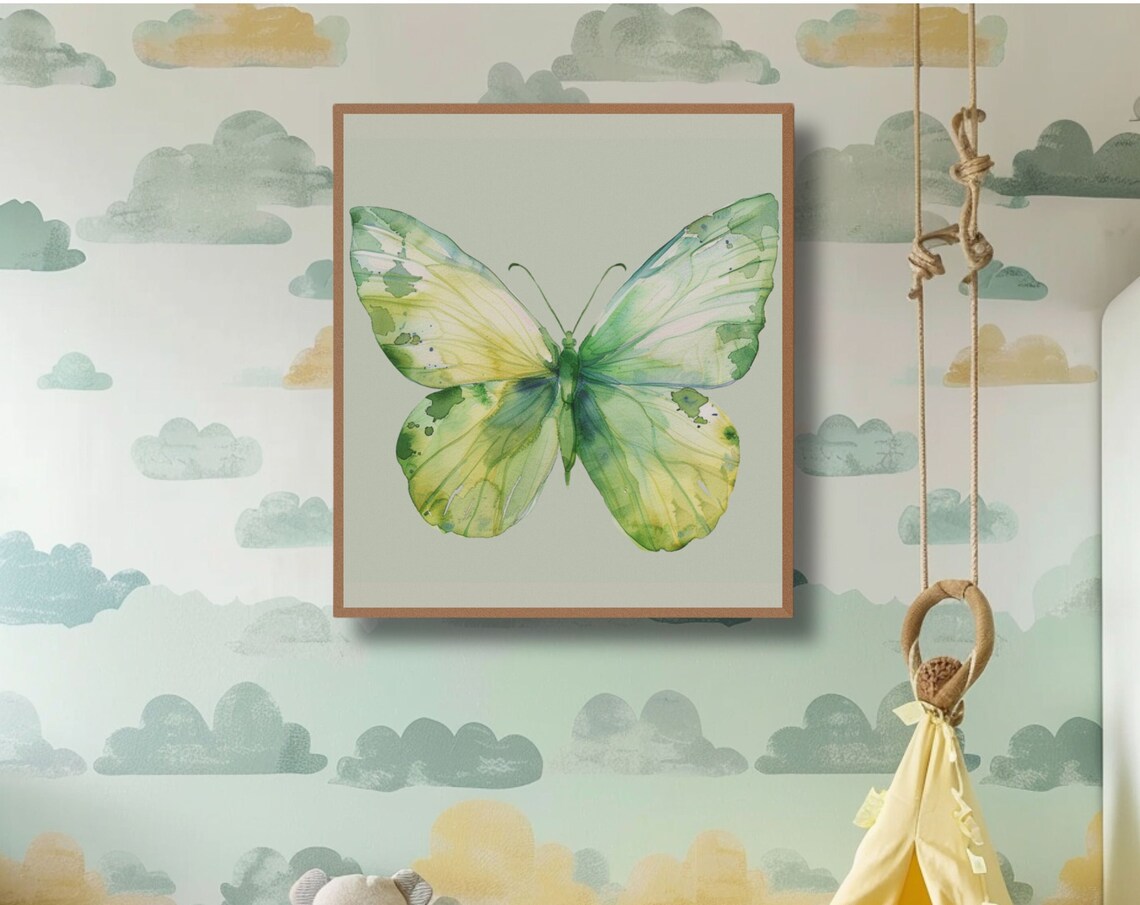 Green and Yellow Butterfly Watercolor Sage Botanical Art Poster - Image 2