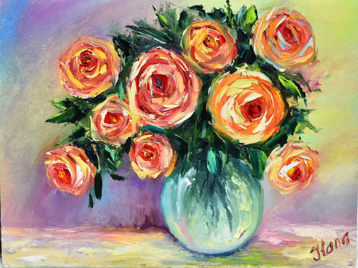Yellow Roses Painting Floral Still Life Rose Art Orange Rose Painting Flowers Painting Art Rose Flowers Art Yellow Rose Art Impasto Oil Pain - Image 4