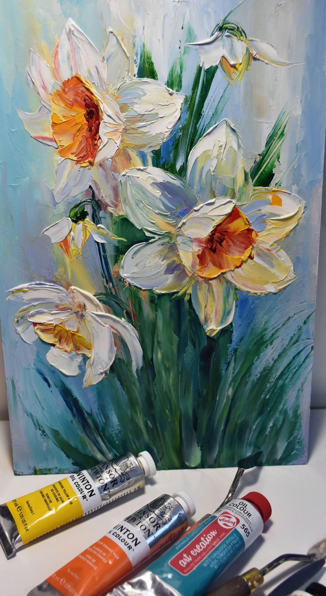 Daffodils Painting Landscape Painting Wildflowers Painting Spring Flowers Painting Impasto Oil Painting Palette Knife Art Floral Artwork Oil - Image 3