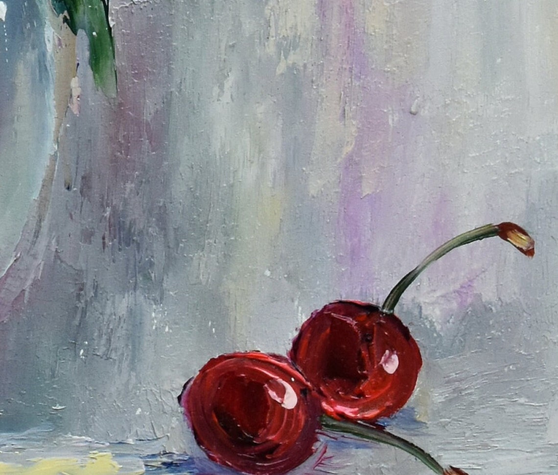 Pink Roses Painting Framed Art Flowers Still Life Cherries And Roses Art Pink Flowers Art Flower Oil Painting Bright Rose Art Oil Art Pink - Image 3