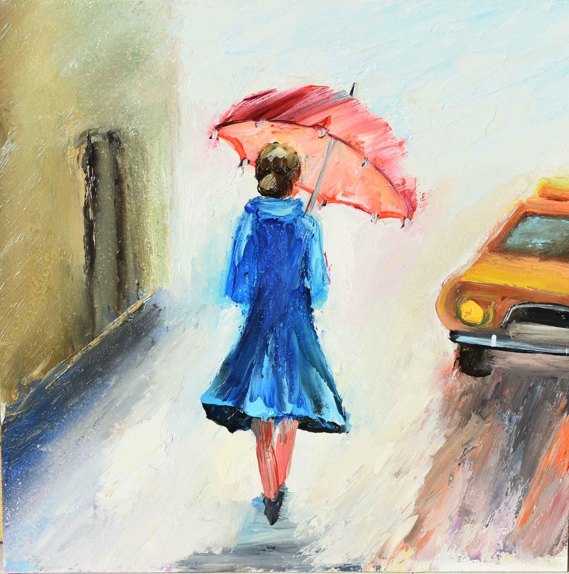 Girl With Umbrella Art City Rain Art Street Painting Original Oil Art Downtown Painting Girl On Street Art Cityscape Art Architecture Art