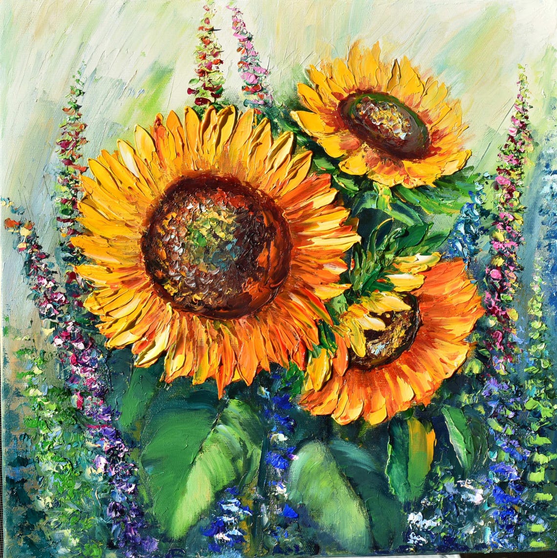 Sunflowers Oil Art Lupine Flower Fields Large Oil Painting Sunflower Wall Art Flowers Art Sunflowers Painting Orange Flower Art Sunfl