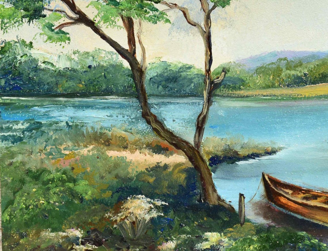 Boat On The River Art Landscape Painting Boat On The Lake Lake Painting Landscape Oil River Landscape Painting In Oil Art Fishing Oil Art - Image 3