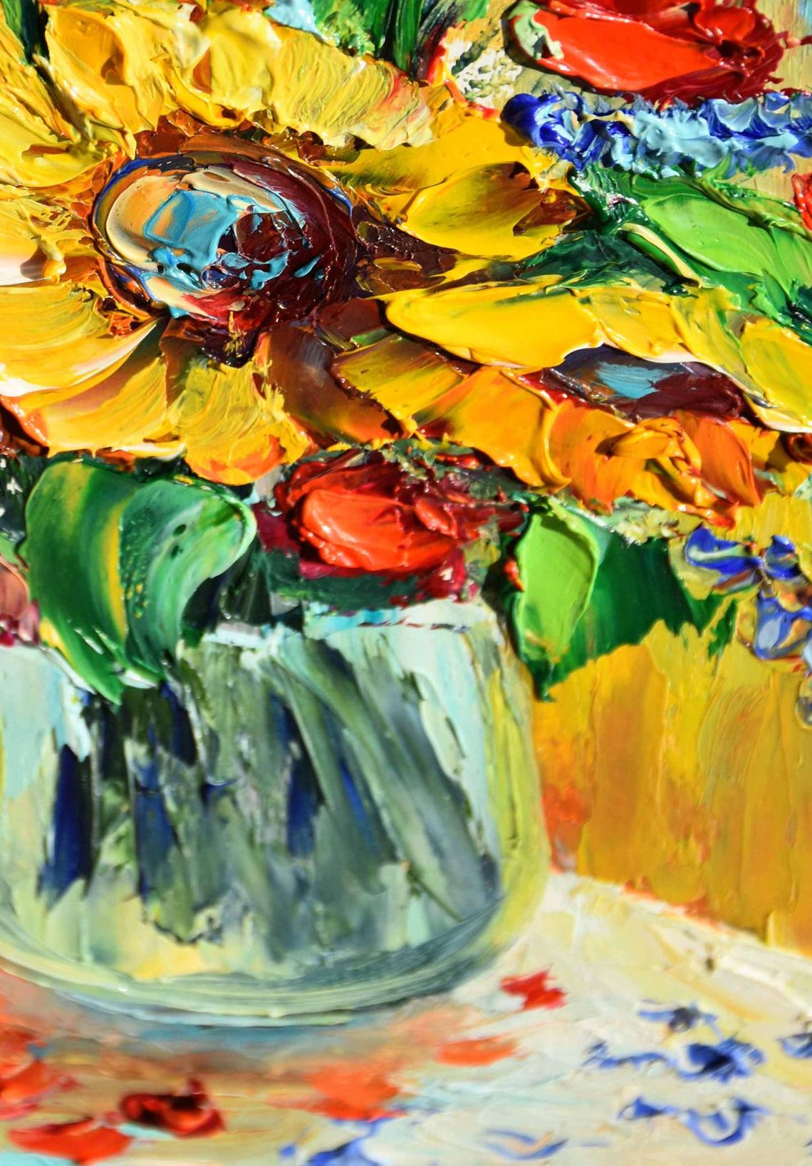 Sunflowers Painting Small Wall Art Still Life Painting Sunflower Wall Art Poppies Painting Yellow Flower Art Red Poppies Art Poppy Painting - Image 3