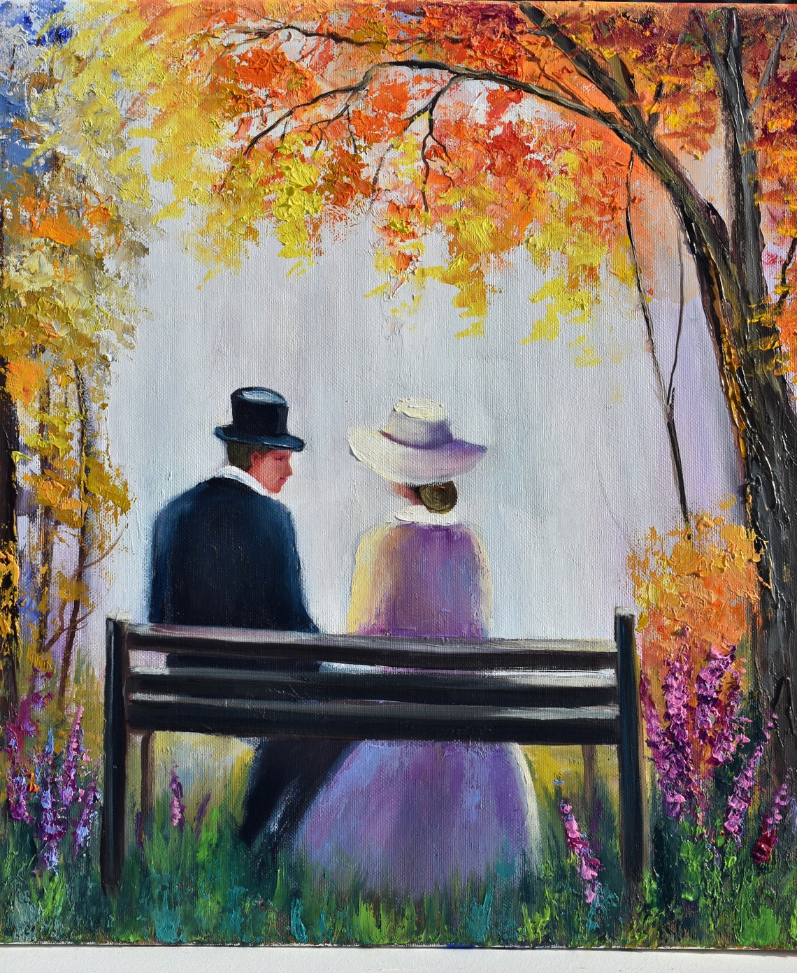 Romantic Couple on Park Bench Under Autumn Trees Oil Painting Poster - Image 2