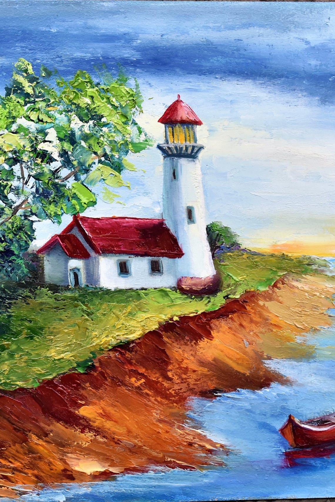 Seascape Painting Lighthouse Art Landscape Painting Beach Painting Tropical Landscape Mediterranean Art Colorful Sunset Oil Art Seascape Art - Image 3