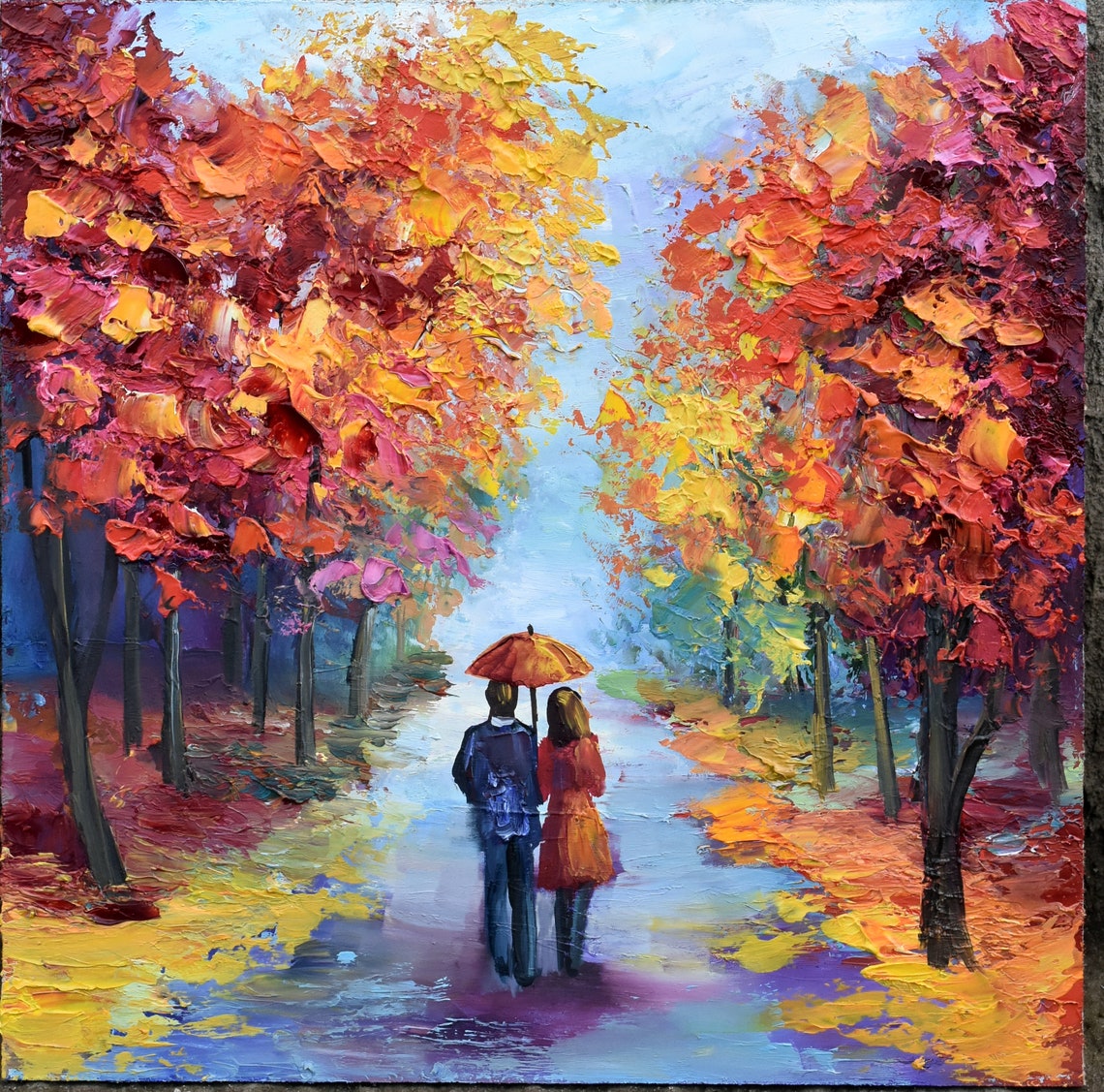 Autumn Painting Landscape Painting Park Painting Umbrella Art Painting People Red Umbrella Art Urban Painting In Love Art Romantic Landscape