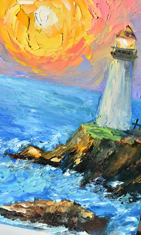 Lighthouse Art Mediterranean Art Oil Art Miniature Art Above Bed Art Impressionist Art Landscape Painting Wall Art Sea Summer Landscape Livi