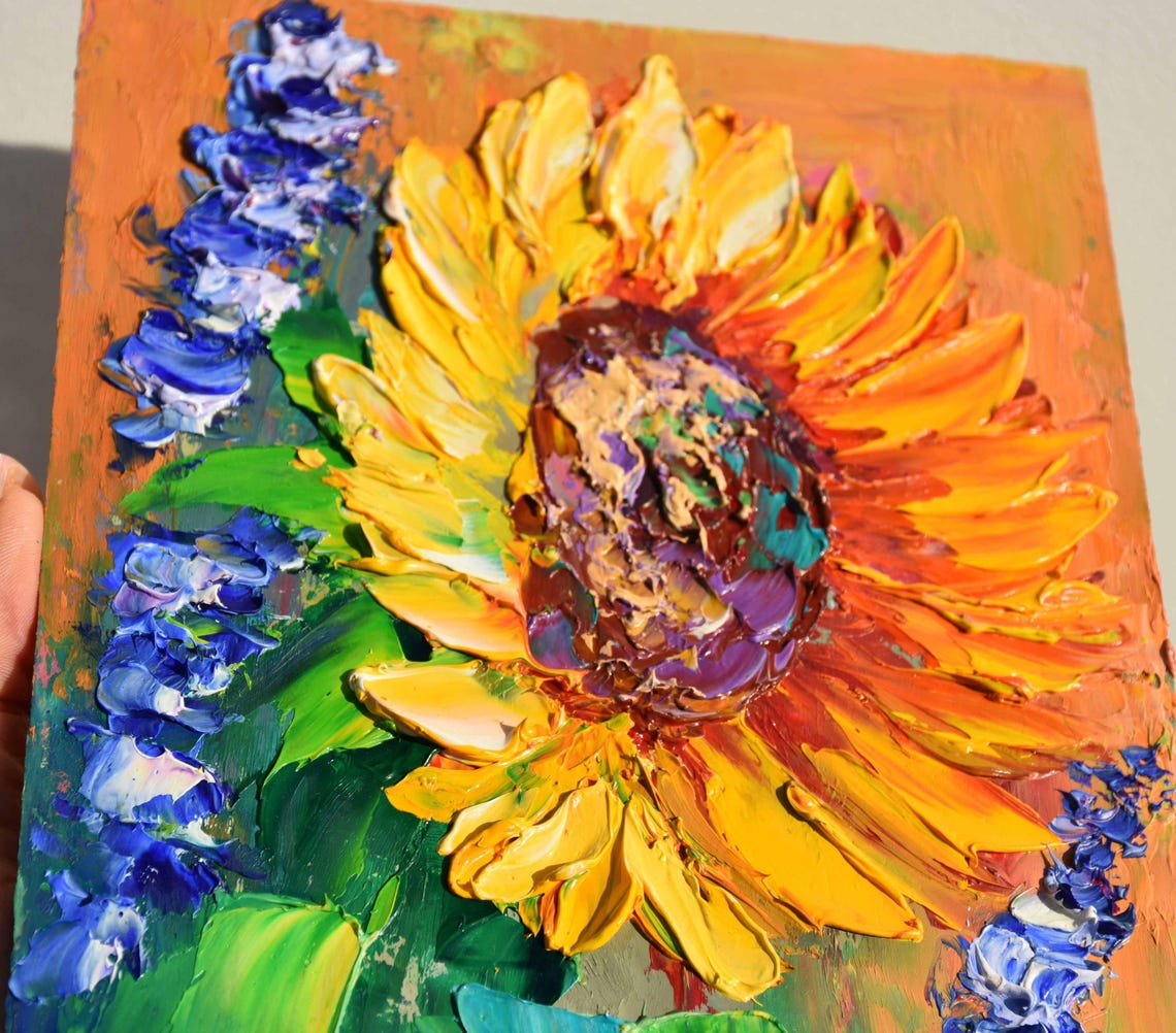 Sunflowers Painting Small Wall Art Impasto Knife Oil Landscape Meadow Floral Oil Painting Purple Flowers Art Colorful Painting Summer Flower - Image 5