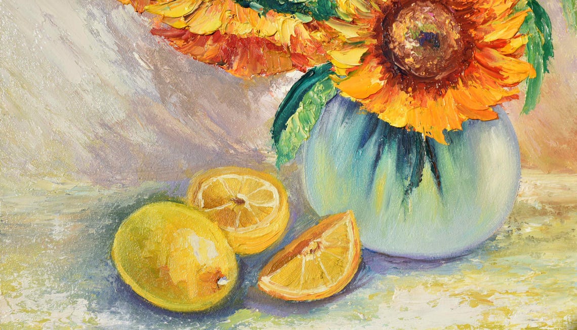 Sunflowers In Blue Vase With Lemons Kitchen Still Life Poster - Image 4