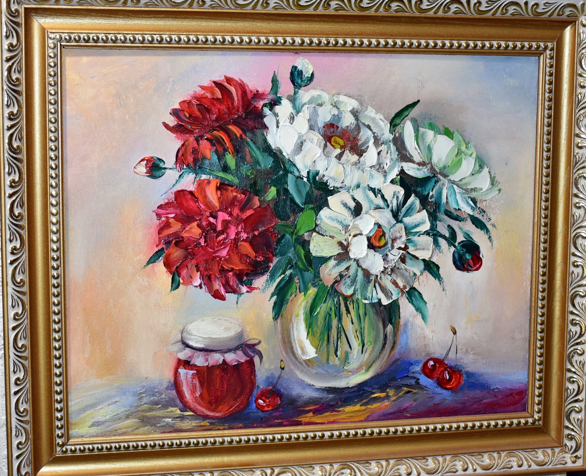 Pink Peonies Art Kitchen Art Food White Peonies Art Peony Oil Painting Palette Knife Art Peony Painting Peony Flower Art Pink Peony Flower - Image 3