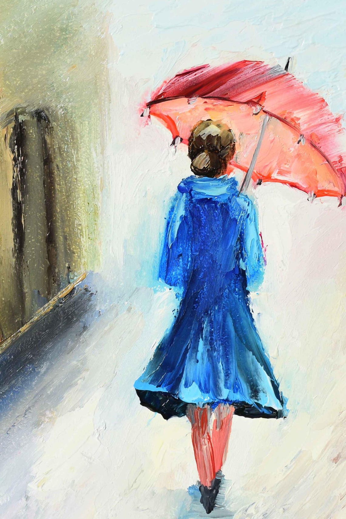 Girl With Umbrella Art City Rain Art Street Painting Original Oil Art Downtown Painting Girl On Street Art Cityscape Art Architecture Art - Image 4