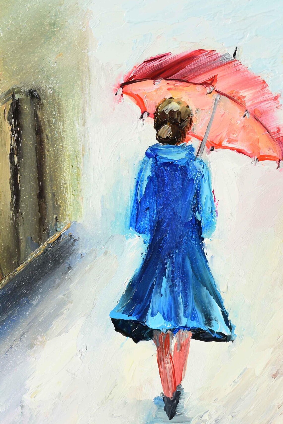 Red Umbrella Rainy City Street Yellow Taxi Oil Painting Urban Poster - Image 4