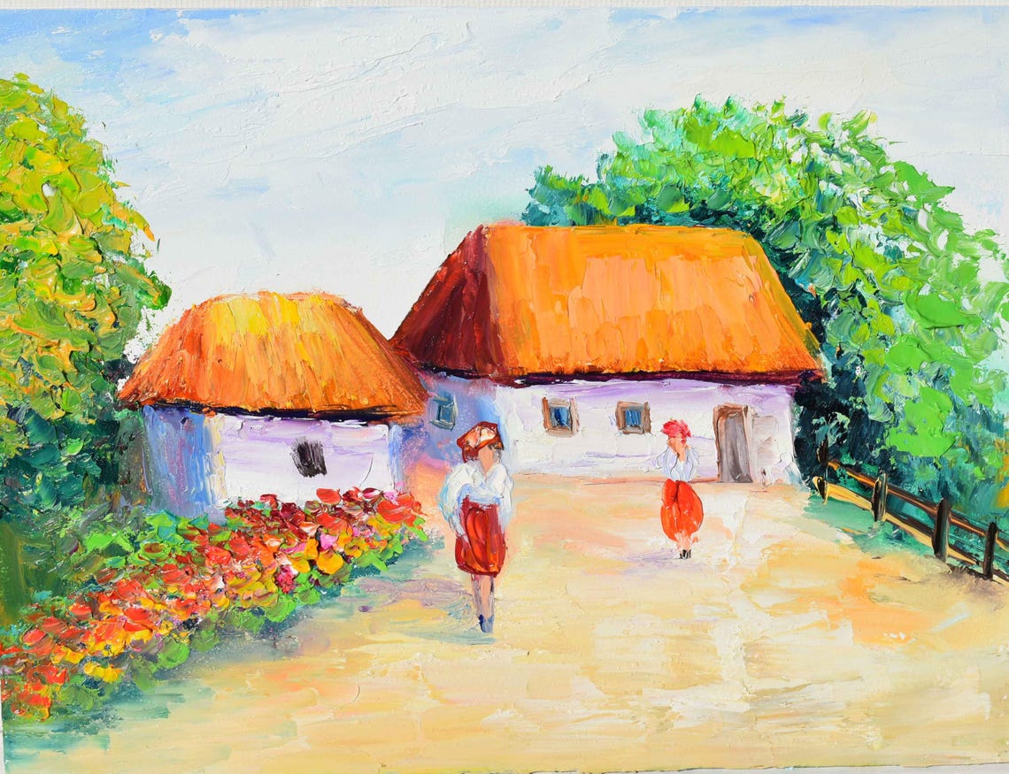 Ukrainian House Art Folk Art Painting Ukraine Art Ukrainian Landscape Ukrainian Art Ukrainian House Art Wall Art Country House Small Oil