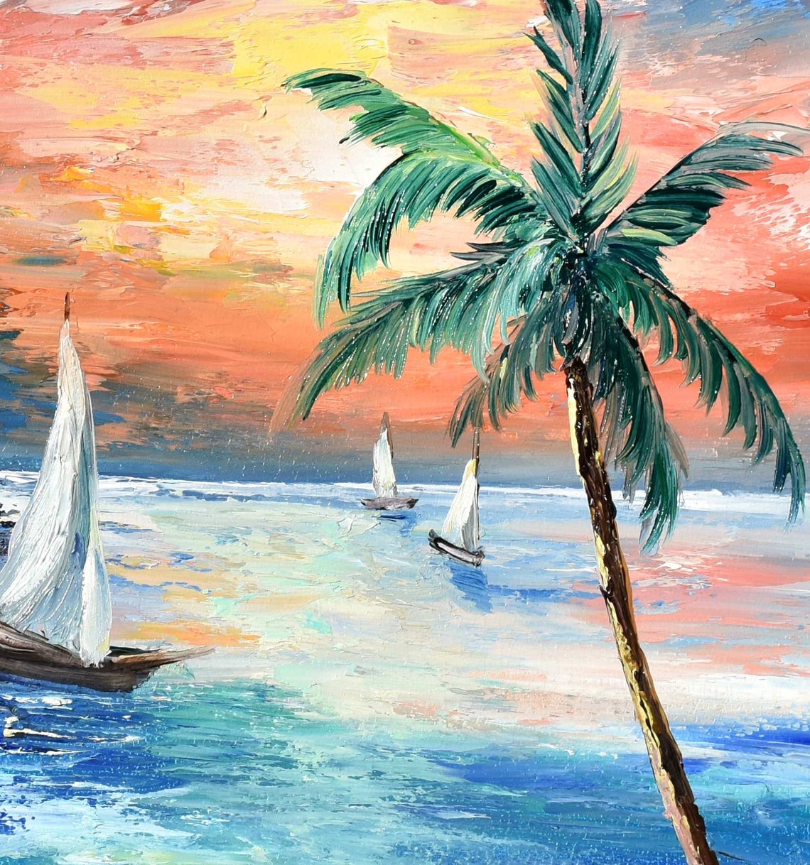 Mediterranean Art Sunset Painting Tropical Painting Mountain Landscape Colorful Sunset Sailboat Painting Beach Art Landscape Painting - Image 5