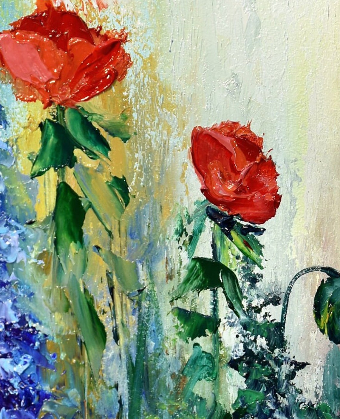 Red Poppy Painting Meadow Landscape Flower Painting Floral Artwork Landscape Painting Meadow Wall Art Poppy Original Art Wildflowers Art - Image 4