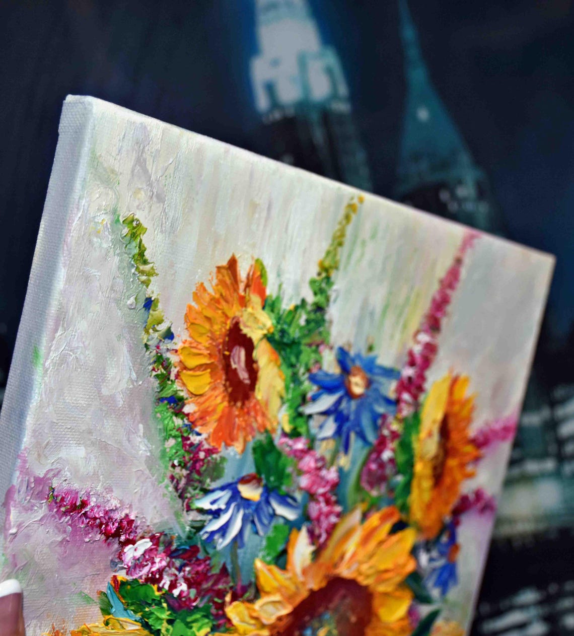 Art Bouquet Of Wild Flowers Sunflowers Oil Art Landscape Painting Blue Wildflowers Art Meadow Painting Sunflower Interior Flower Artwork - Image 2
