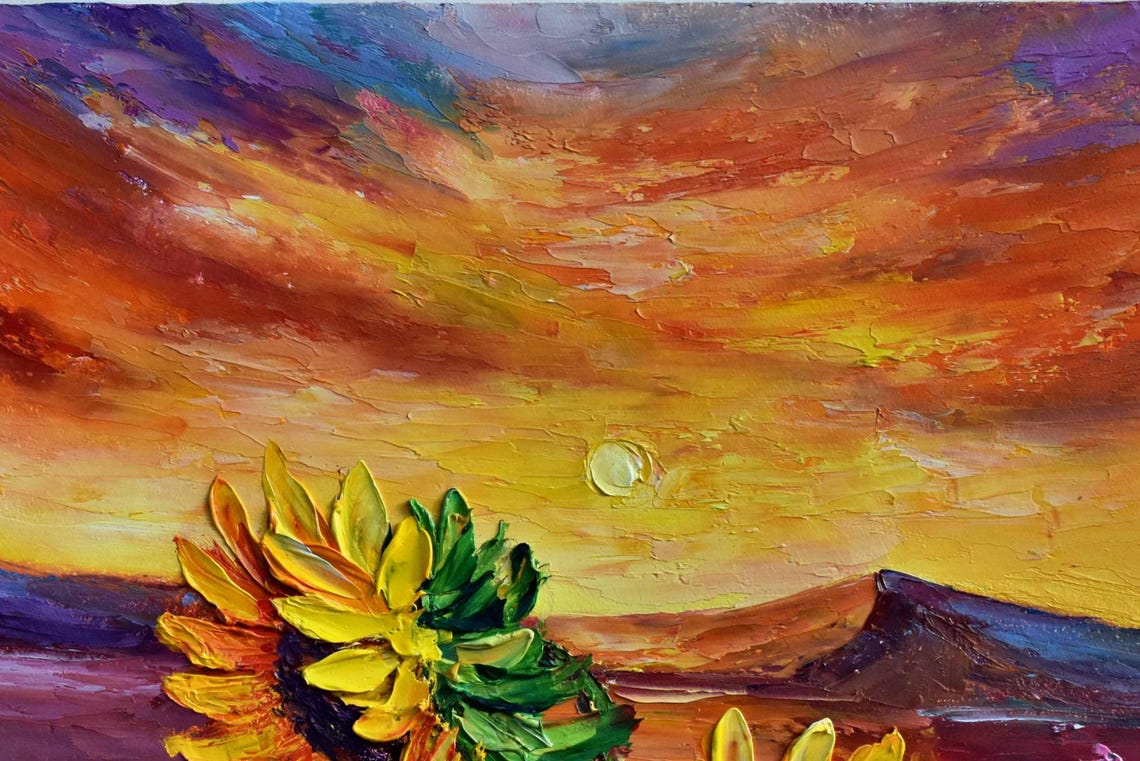 Sunflowers Painting Landscape Painting Colorful Sunset Art Sunflowers Landscape Flower Painting Impasto Oil Painting Sunflower Art Summer - Image 4