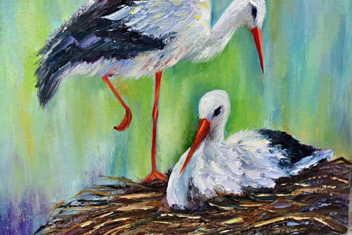 Storks Painting Birds In The Nest Art Birds Painting Stork Oil Art Family Painting Birds Artwork Large Oil Painting Bird Art Animals Oil - Image 2