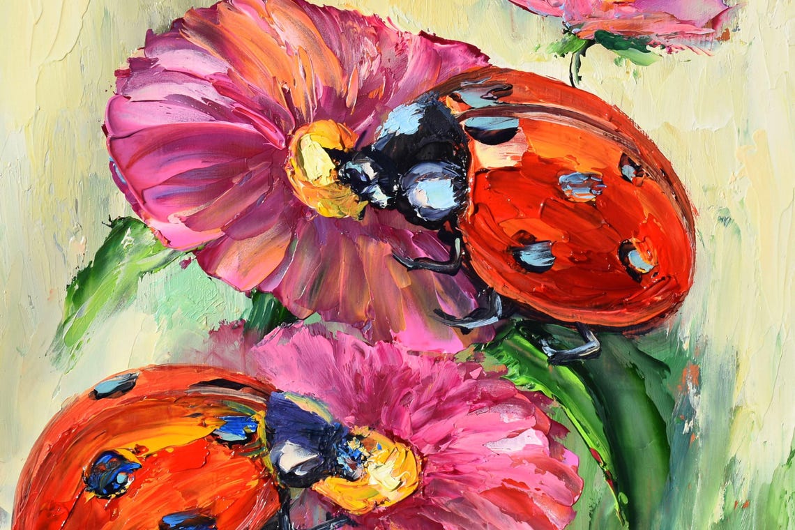 Ladybugs Painting Small Wall Art 8 X 8 Ladybug Art Couple In Love Art Pink Flowers Art Summer Meadow Art Landscape Painting Meadow Flowers - Image 5