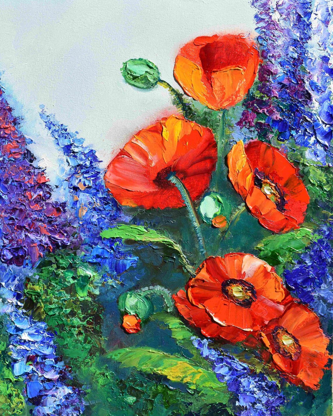 Red Poppies Blue Delphiniums Garden Impasto Oil Painting Floral Poster