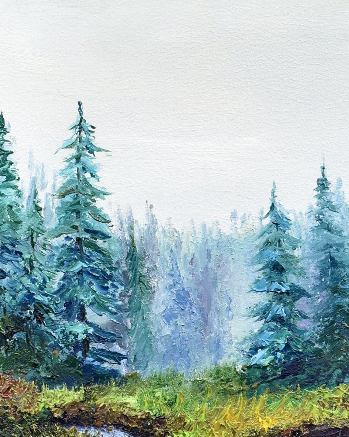 Misty Waterfall Rocky Gorge Pine Forest Oil Painting Landscape Poster - Image 4