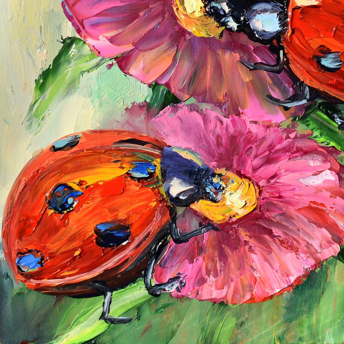 Ladybugs Painting Small Wall Art 8 X 8 Ladybug Art Couple In Love Art Pink Flowers Art Summer Meadow Art Landscape Painting Meadow Flowers - Image 2