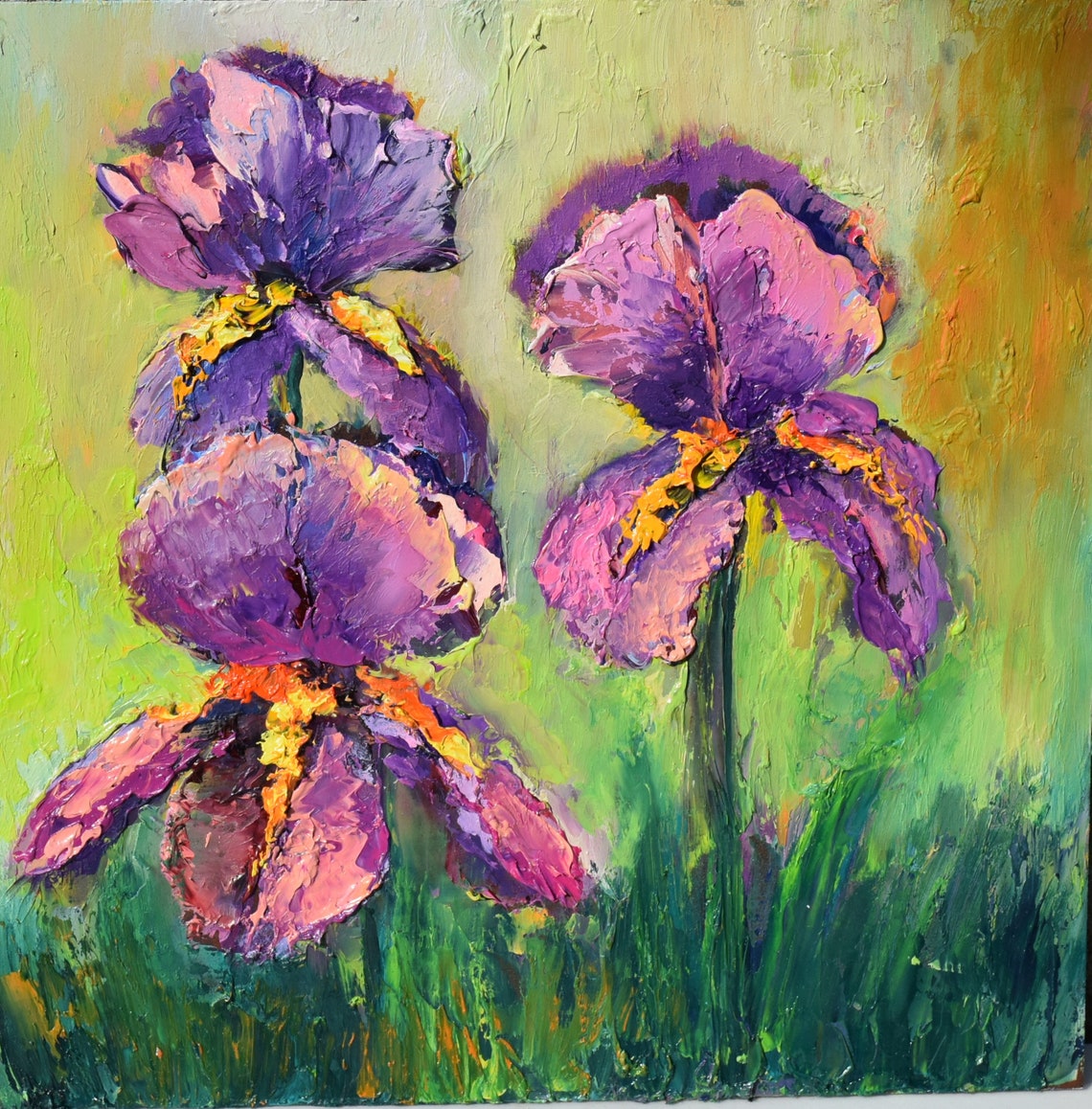 Purple Iris Blooms Green Garden Impasto Oil Painting Floral Poster