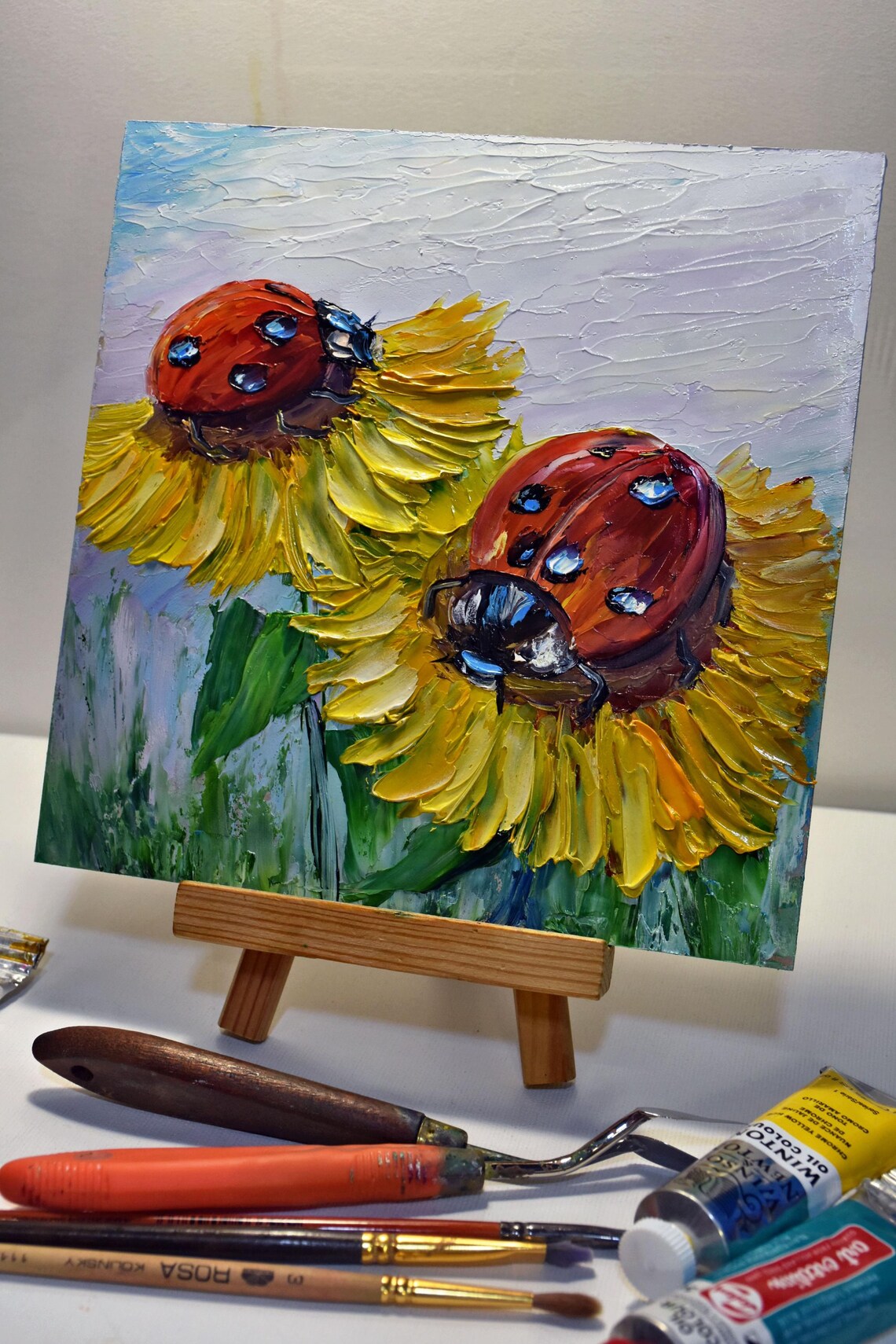 Ladybugs Painting Small Wall Art 8 X 8 Ladybug Art Sunflowers Painting Couple In Love Art Landscape Painting Meadow Wall Art Meadow Wall Art - Image 5