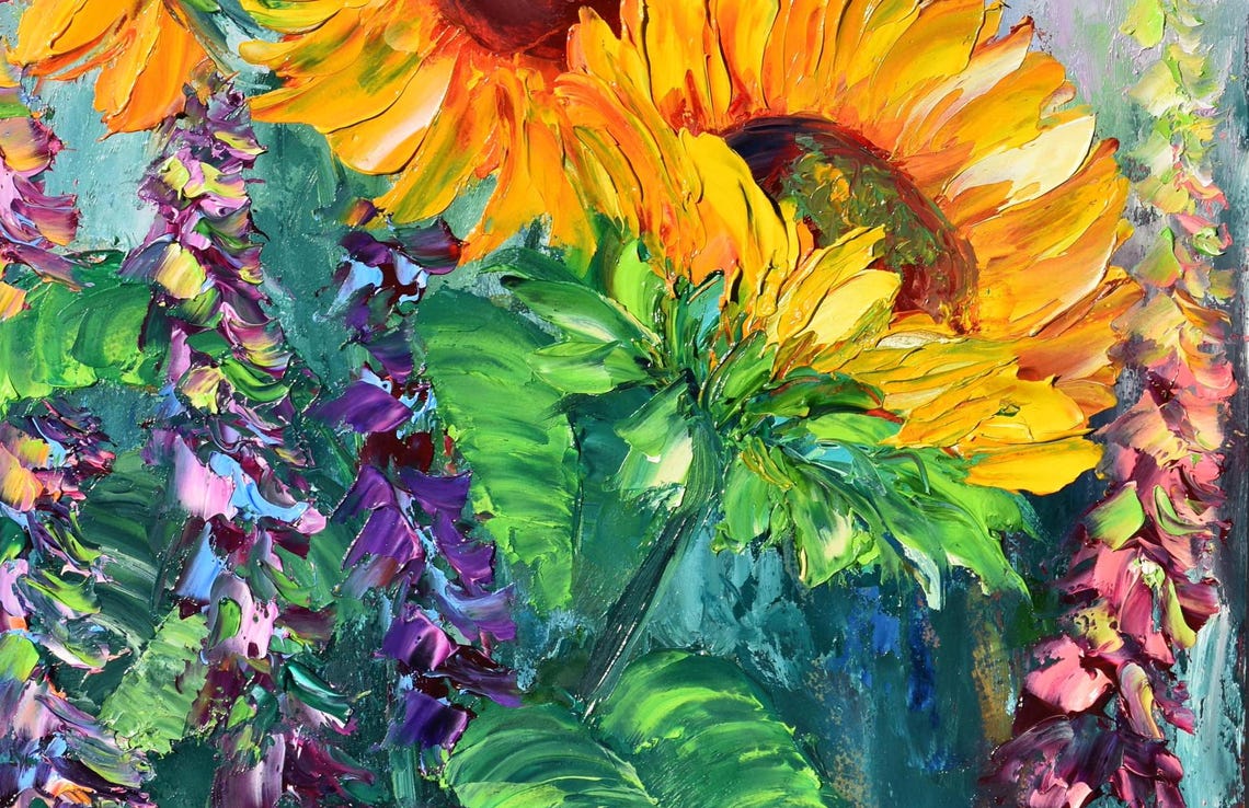 Sunflower Painting Landscape Painting Sunflowers Oil Art Sunflower Art Sunflower Room Decor Yellow Flower Art Lupine Flower Fields Purple - Image 5