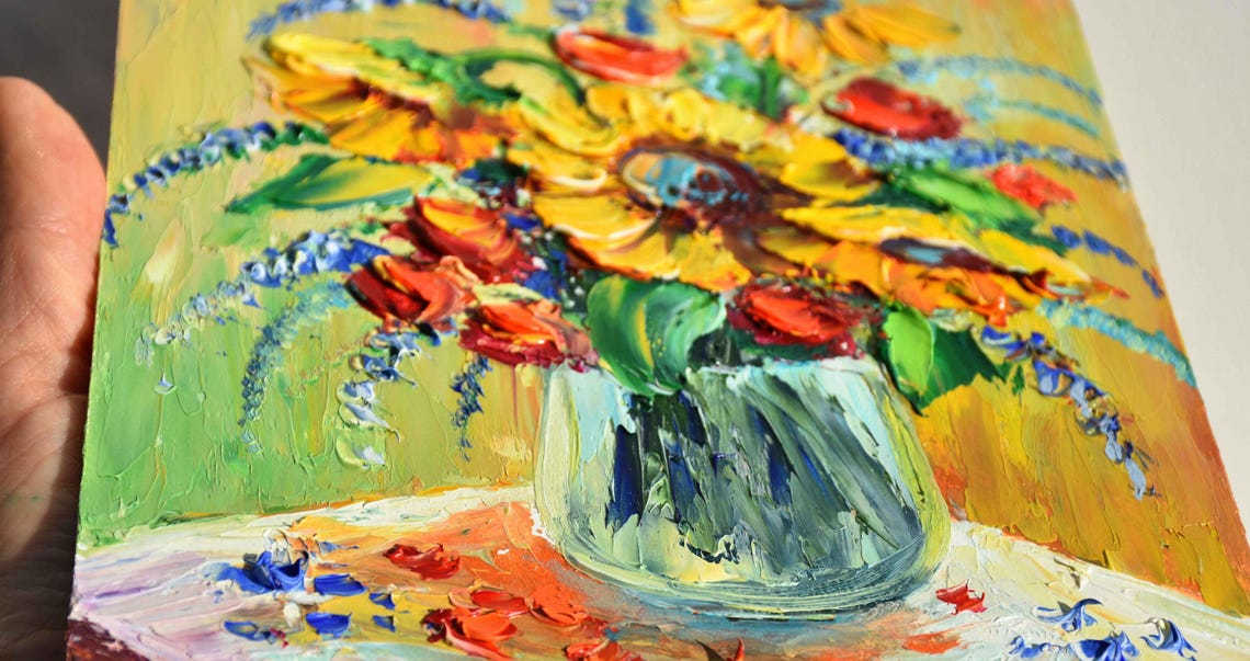 Sunflowers Painting Small Wall Art Still Life Painting Sunflower Wall Art Poppies Painting Yellow Flower Art Red Poppies Art Poppy Painting - Image 4