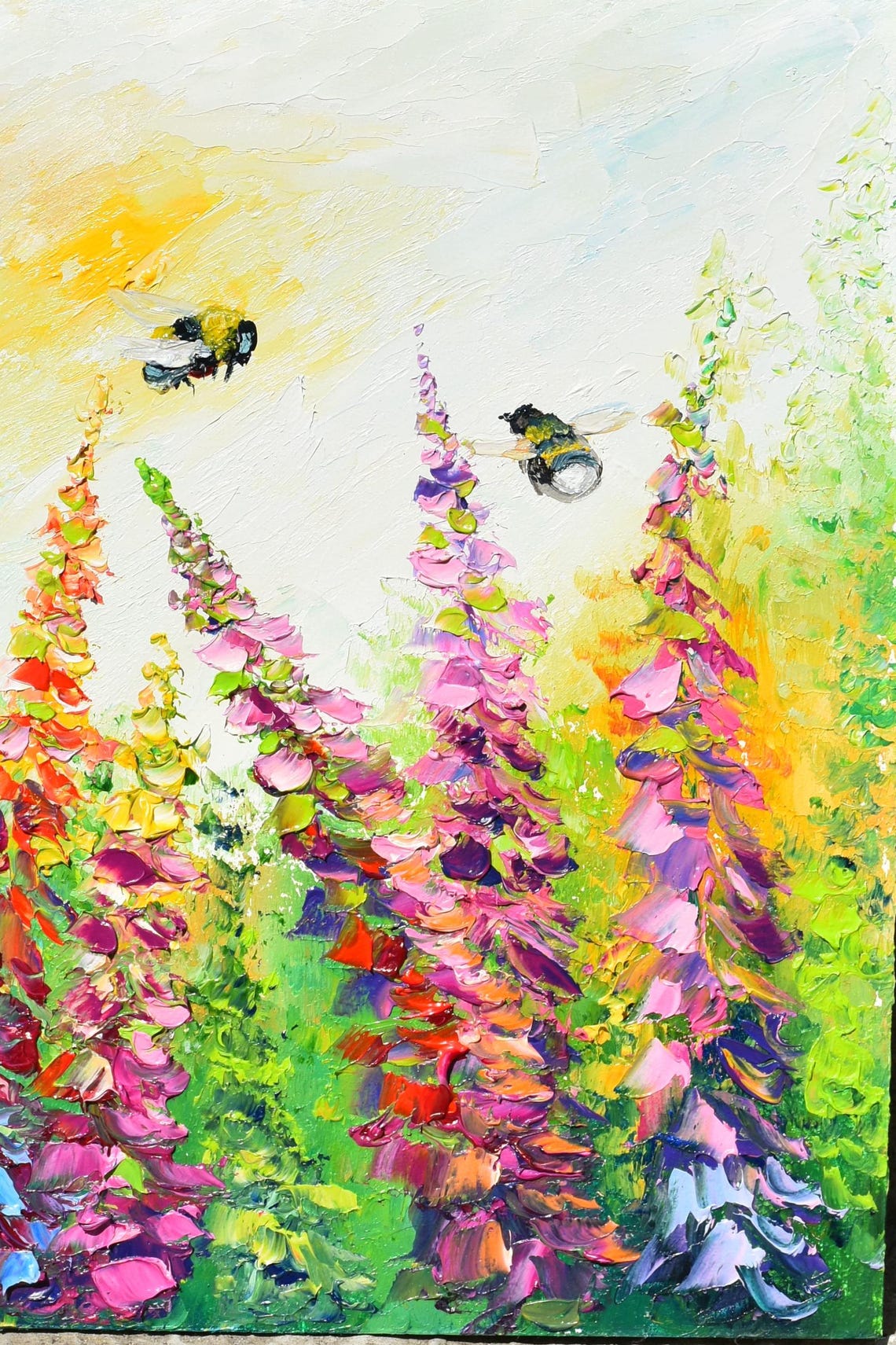Meadow Wall Art Landscape Painting Bee Art Palette Knife Art Honey Bee Art Flowers Oil Painting Pink Flower Art Wall Oil Painting Flower - Image 3