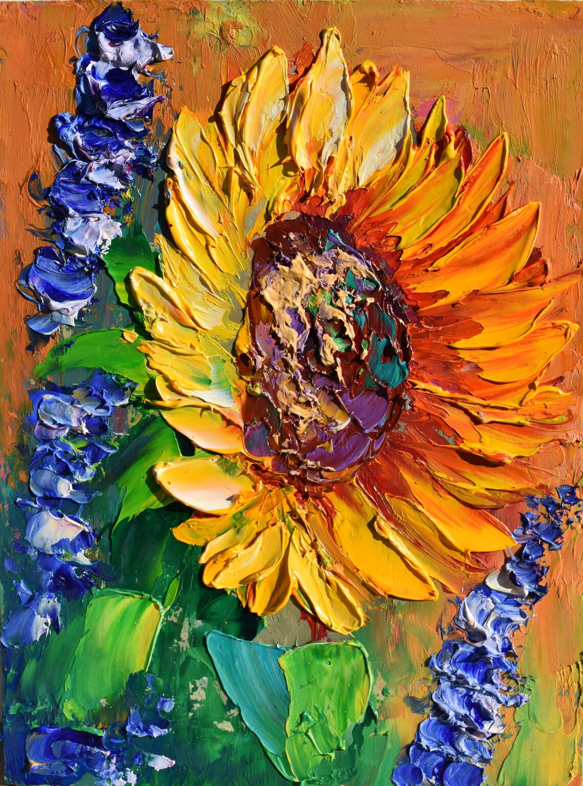 Sunflowers And Purple Wildflowers Meadow Impasto Oil Painting Wall Art - Image 4
