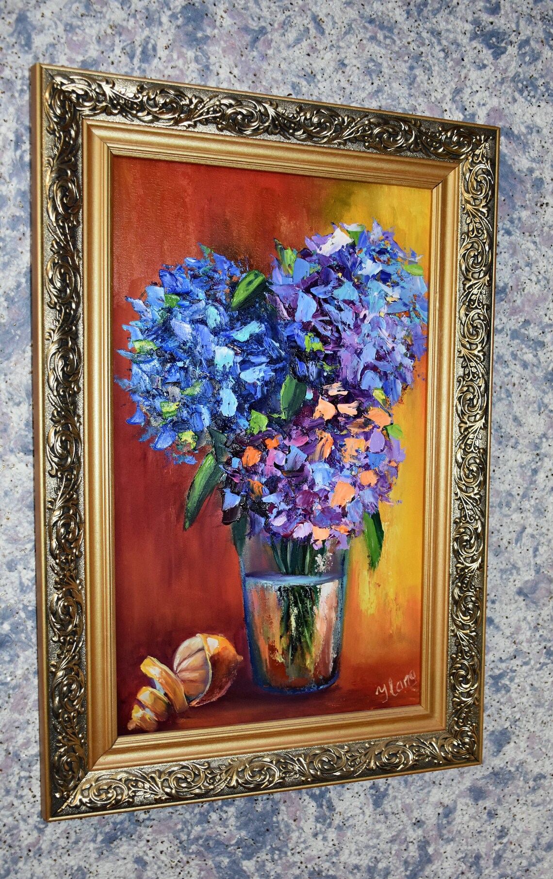 Purple Blue Hydrangea Bouquet Impasto Glass Vase Orange Wall Art - Image 4