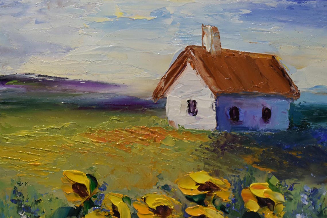 Country House Meadow Sunflowers Blue Sky Impasto Landscape Poster - Image 5