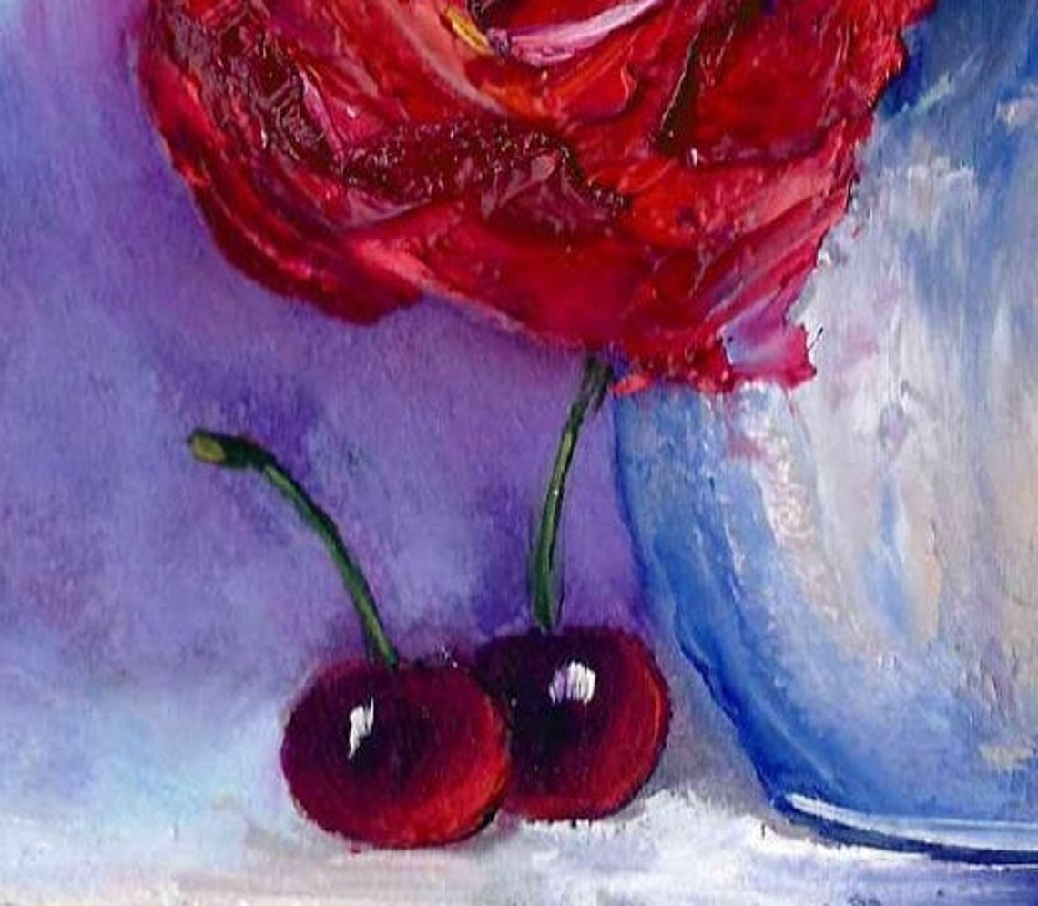 Red Roses White Vase Cherries Blue Purple Impasto Still Life Wall Art - Image 4