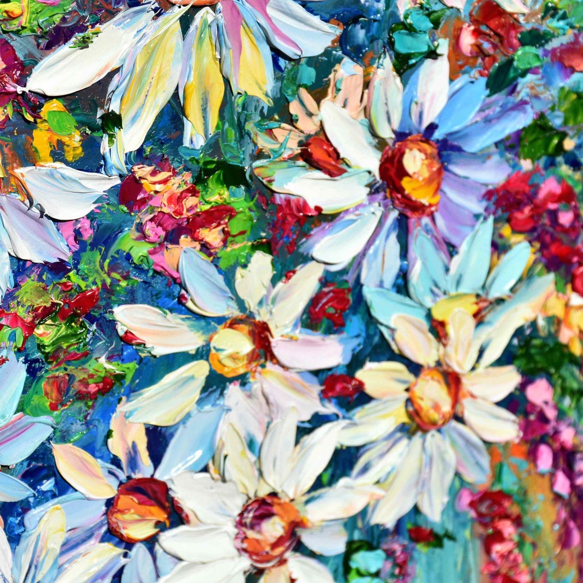 White Daisies Colorful Turquoise Background Impasto Floral Poster - Image 4