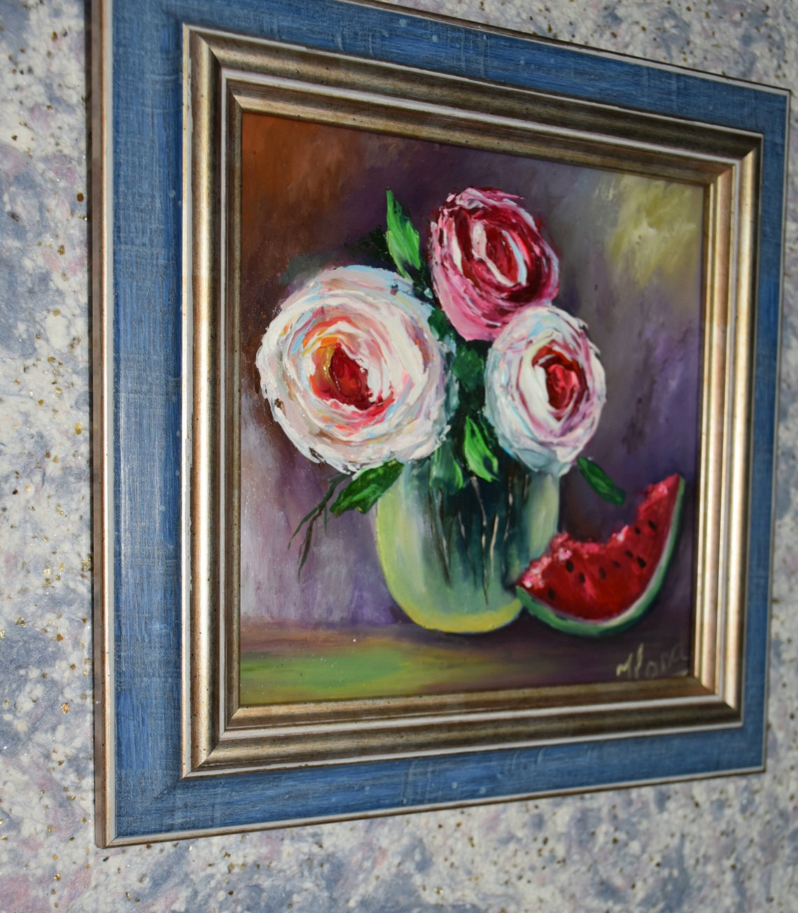 Pink Roses Art Small Wall Art Still Life Painting Pink Floral Wall Art Roses In A Glass Vase Kitchen Still Life Floral Oil Painting Food - Image 5