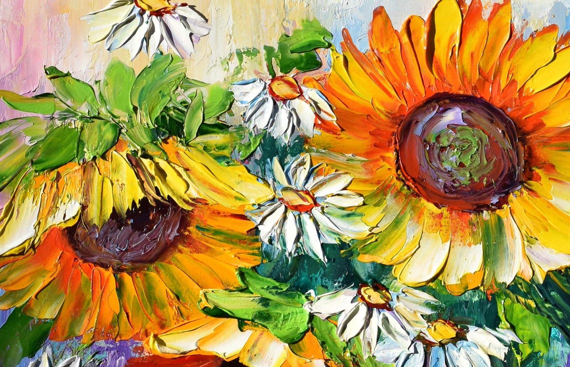 Sunflowers Oil Art Sunflowers Painting Daisies Painting Impasto Painting Floral Artwork Oil Art Yellow Flower Art Chamomile Still Life - Image 2