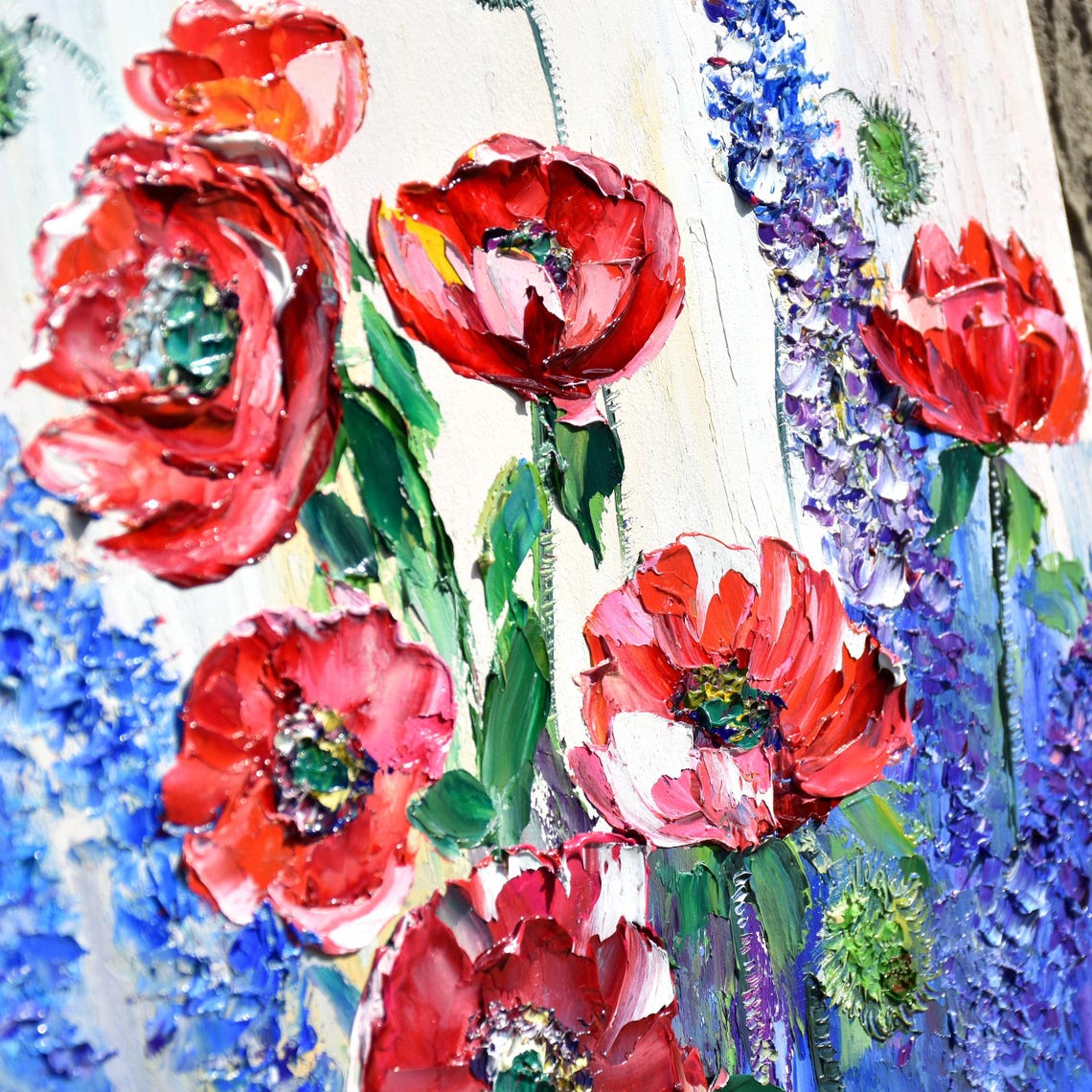 Red Poppy Painting Poppy Oil Painting Landscape Painting Purple Lupins Art Meadow Painting Poppies Impasto Flower Artwork Poppy Painting - Image 5