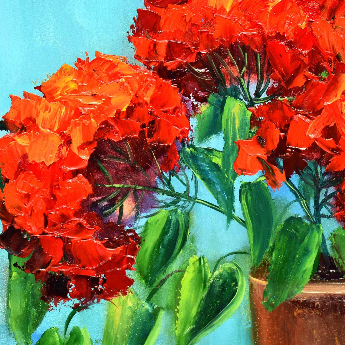 Red Geranium Blooms Terracotta Pot Turquoise Sky Impasto Oil Wall Art