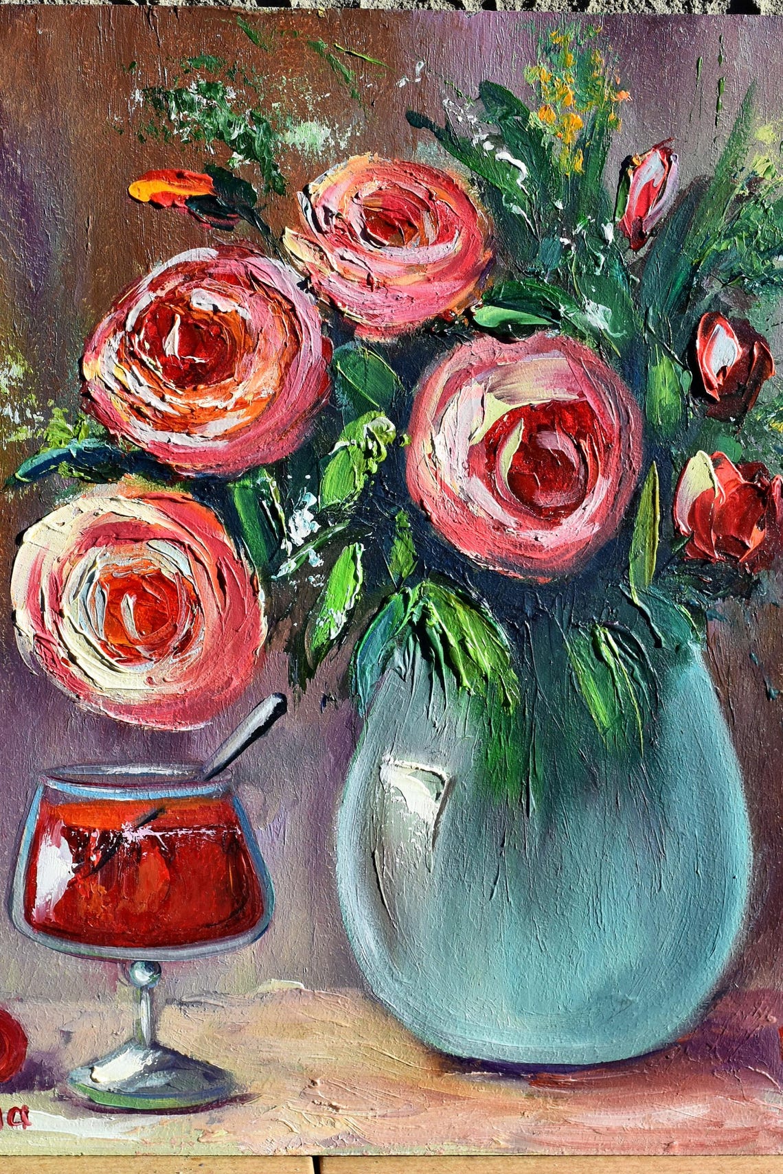Pink Flowers Art Kitchen Art Food Still Life Rose Painting Cherry Jam Art Roses Flowers Art Floral Artwork Vibrant Floral Art Square Paintin - Image 2