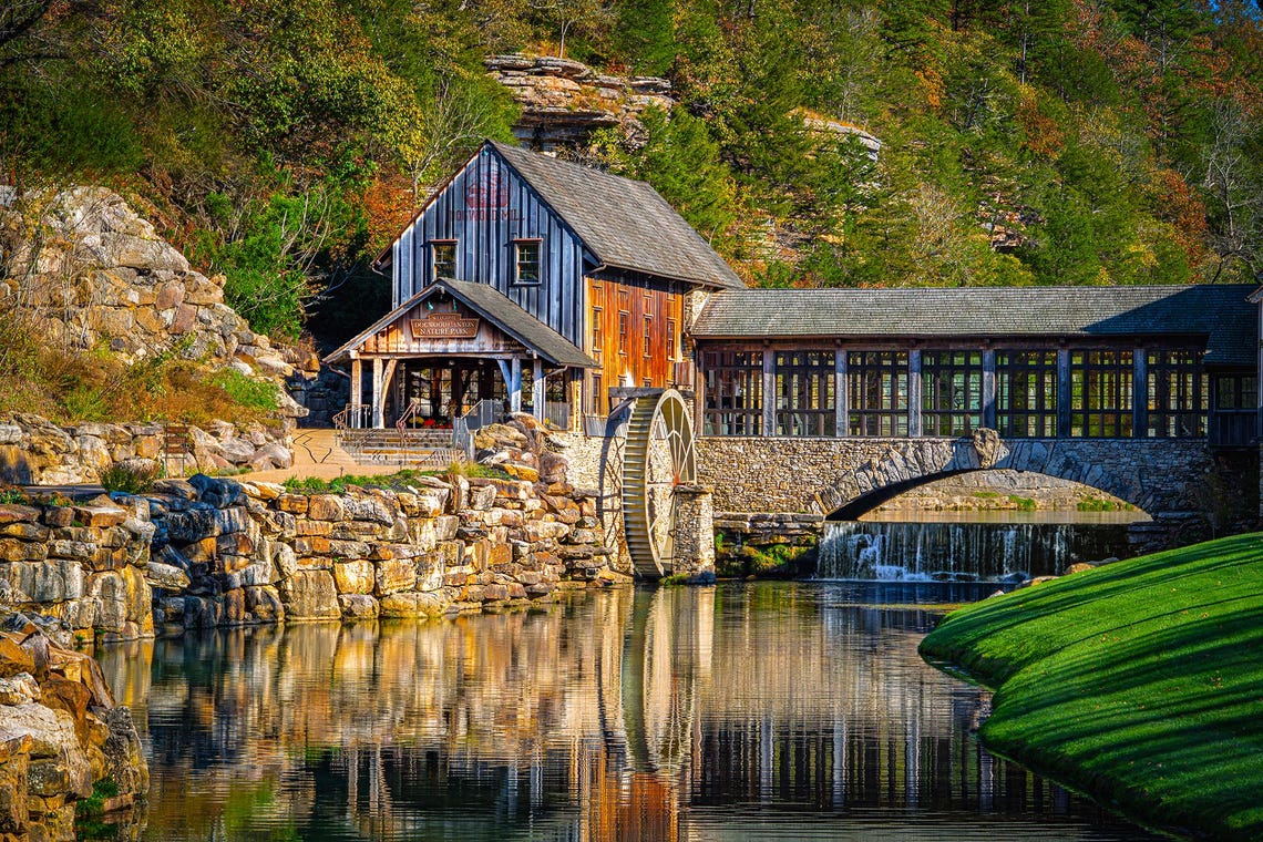 Dogwood Canyon Mill Waterwheel Stone Bridge Lake Reflection Poster