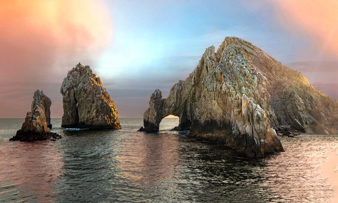 Cabo El Arco Sea Stacks Pastel Sunset Ocean Rock View Poster