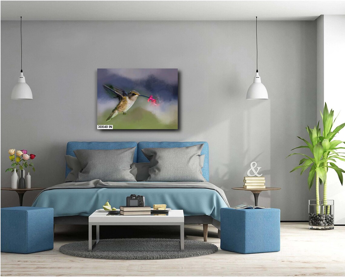 Hummingbird In Flight Sipping Red Flower Soft Nature Wall Art Poster - Image 5