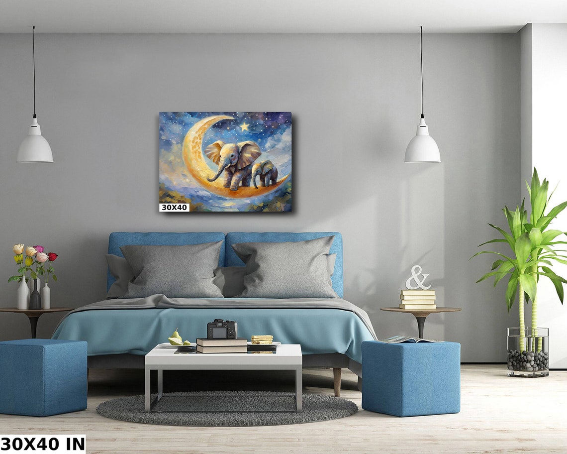 Baby Elephant And Mother On Golden Crescent Moon Starry Sky Poster - Image 5