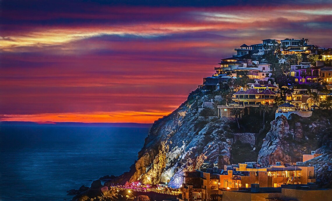 Cabo San Lucas Pedregal Hillside Villas Vivid Sunset Ocean Poster