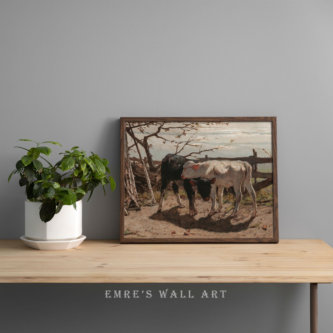 Two Calves by Wooden Fence Vintage Farmyard Oil Painting Poster - Image 2