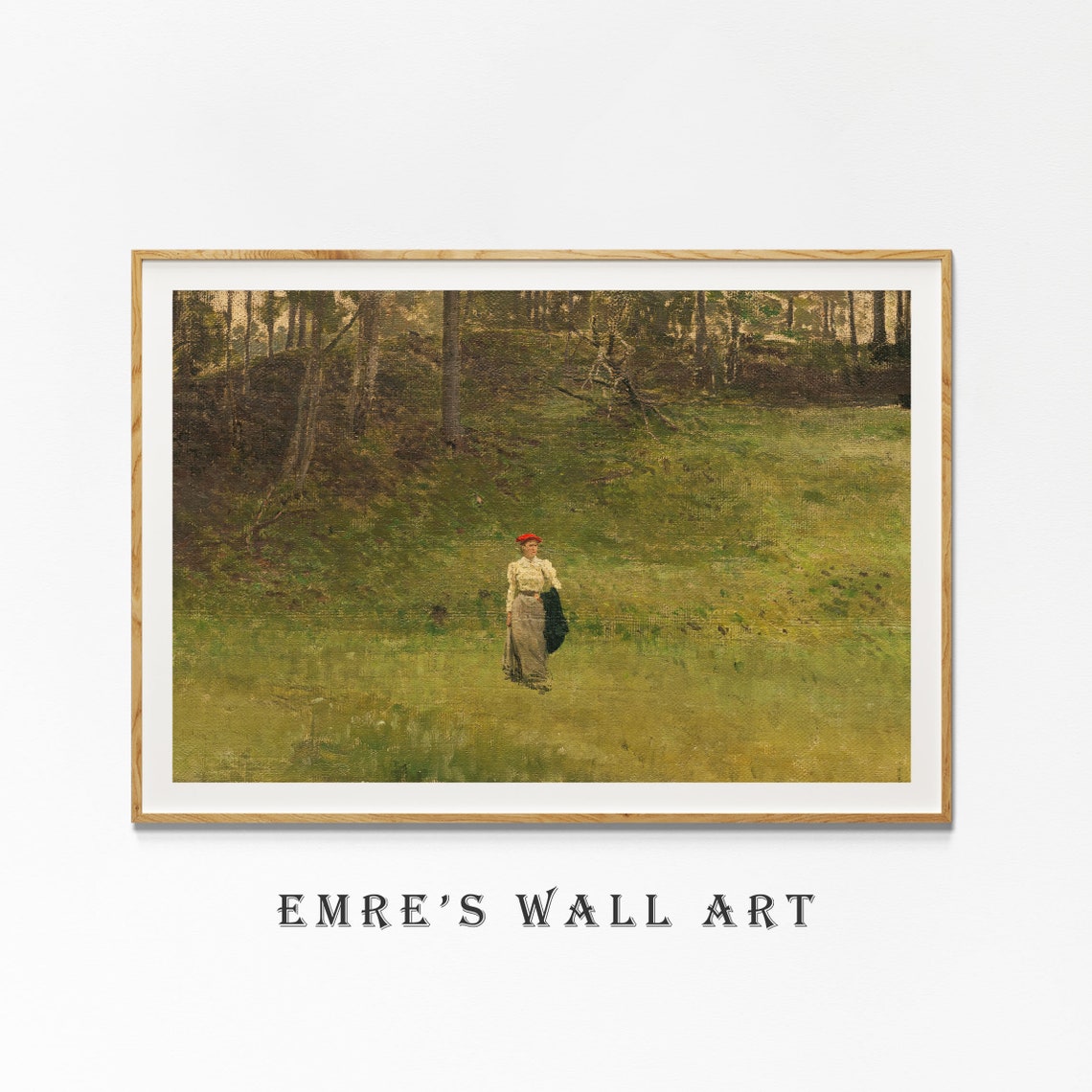 Lady Walking in Green Meadow Red Cap Vintage Landscape Poster - Image 4